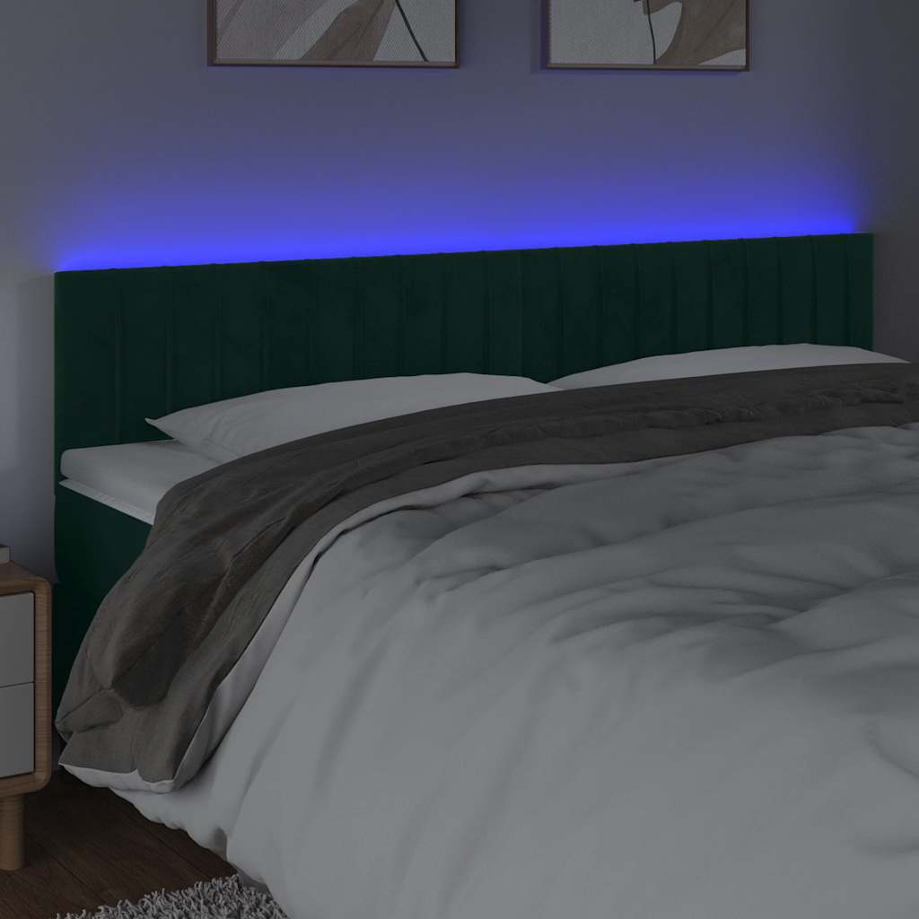 vidaXL Zagłówek do łóżka z LED, ciemnozielony, 160x5x78/88 cm, aksamit