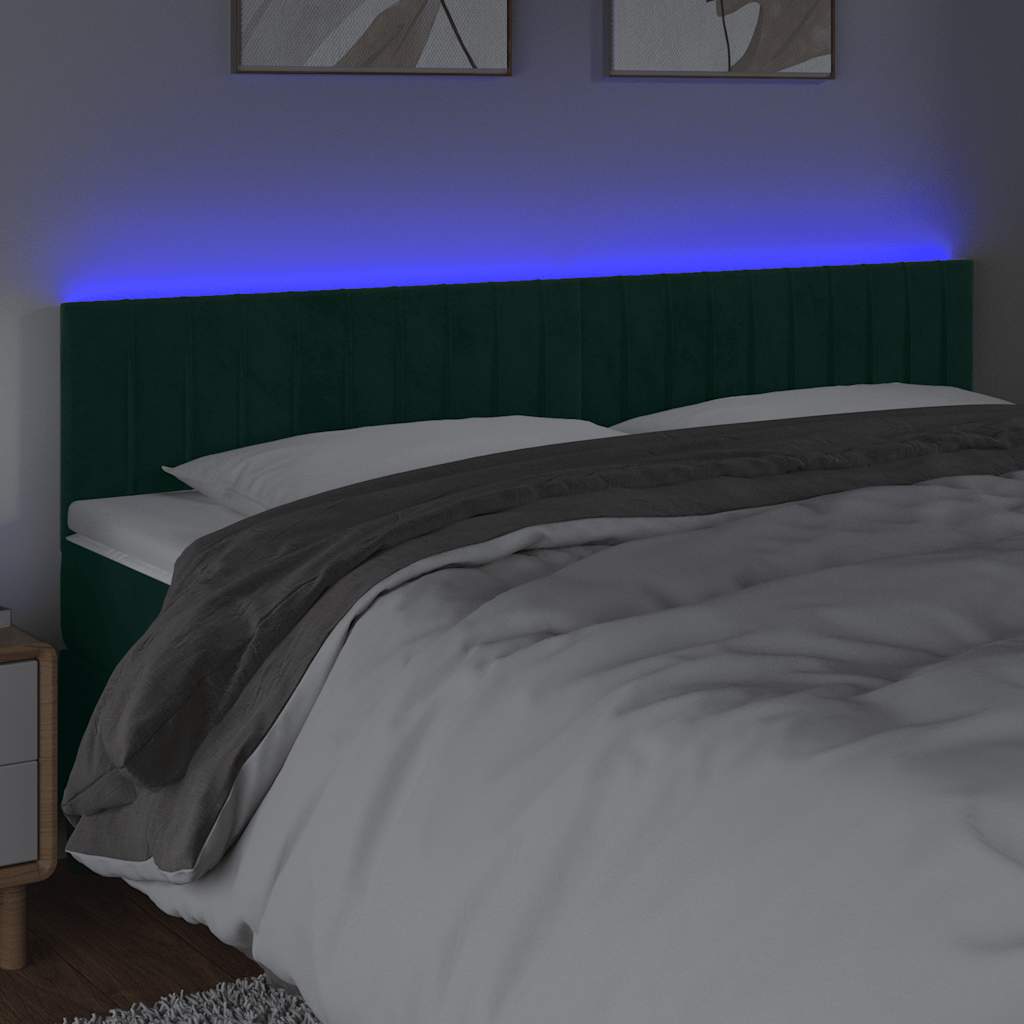 vidaXL Zagłówek do łóżka z LED, ciemnozielony, 200x5x78/88 cm, aksamit