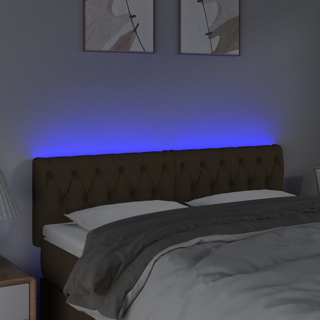 vidaXL Zagłówek do łóżka z LED, ciemnobrązowy, 144x7x78/88 cm, tkanina