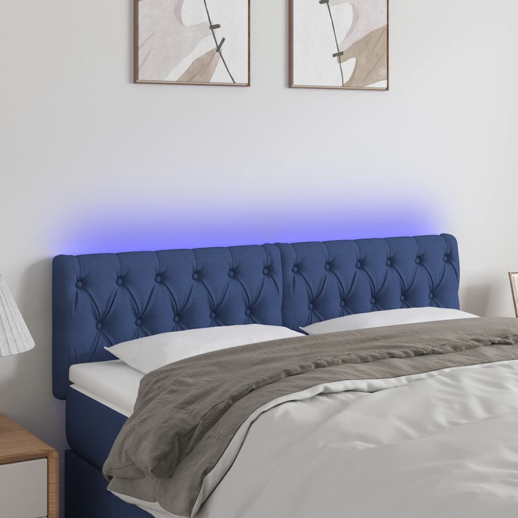 vidaXL Zagłówek do łóżka z LED, niebieski, 144x7x78/88 cm, tkanina