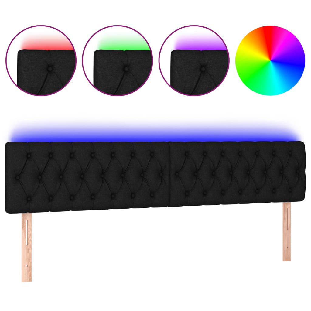 vidaXL Zagłówek do łóżka z LED, czarny, 200x7x78/88 cm, tkanina