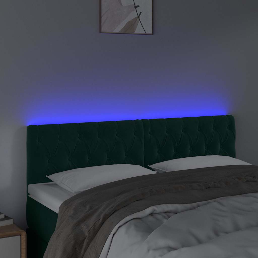 vidaXL Zagłówek do łóżka z LED, ciemnozielony, 144x7x78/88 cm, aksamit