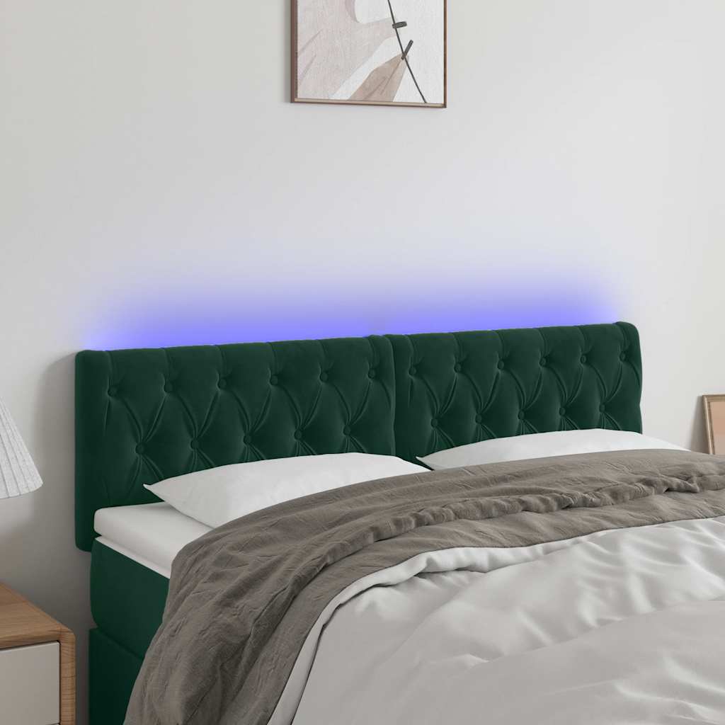 vidaXL Zagłówek do łóżka z LED, ciemnozielony, 144x7x78/88 cm, aksamit
