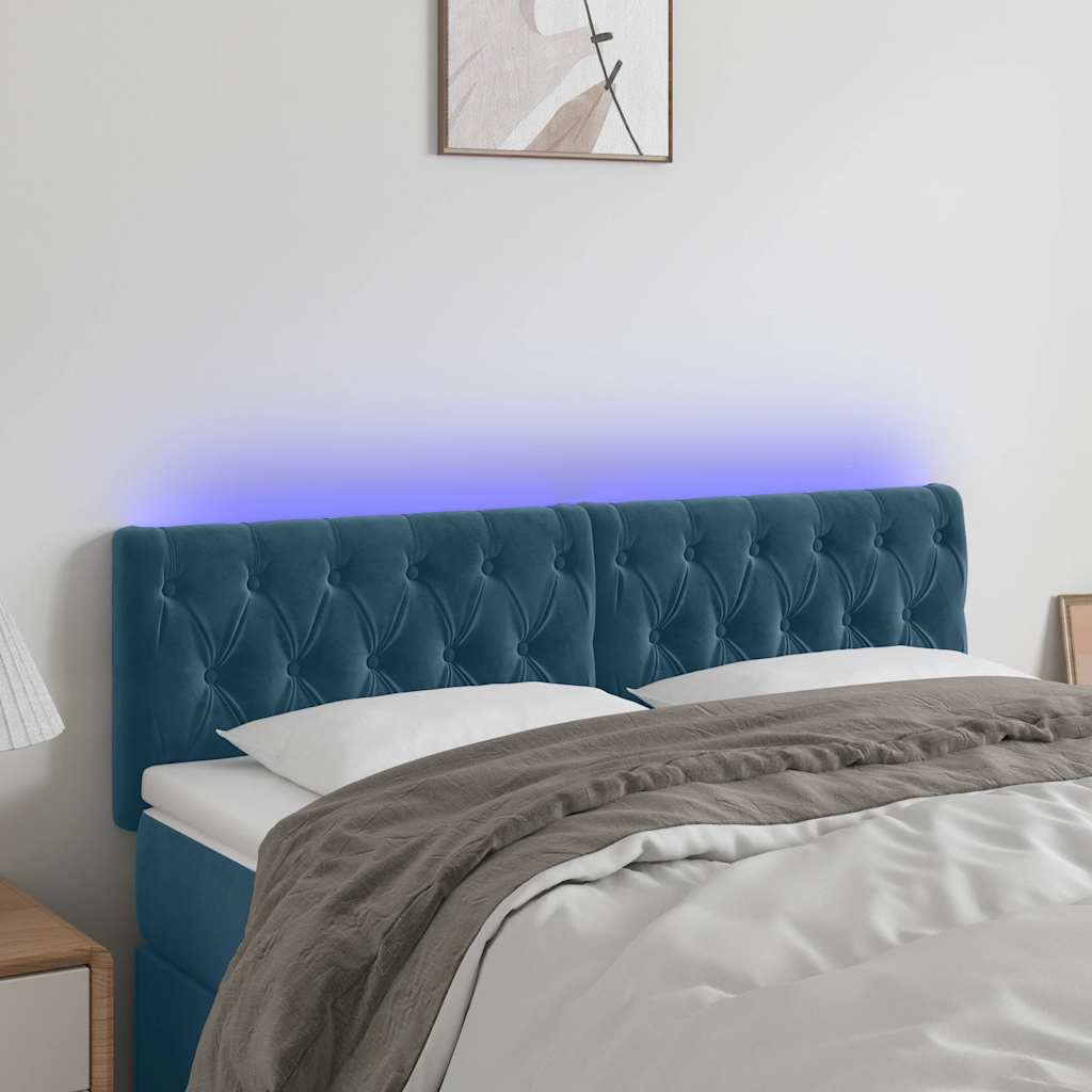 vidaXL Zagłówek do łóżka z LED, ciemnoniebieski 144x7x78/88cm, aksamit