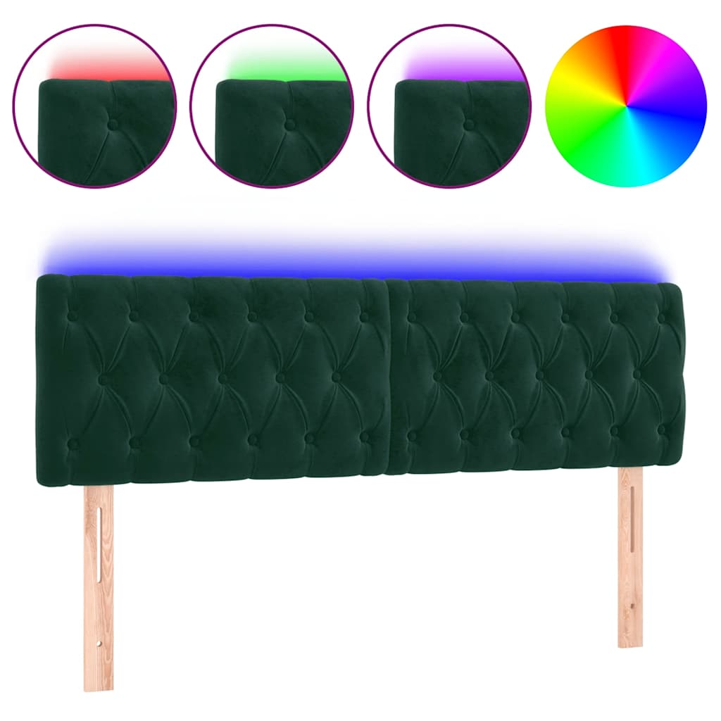 vidaXL Zagłówek do łóżka z LED, ciemnozielony, 160x7x78/88 cm, aksamit