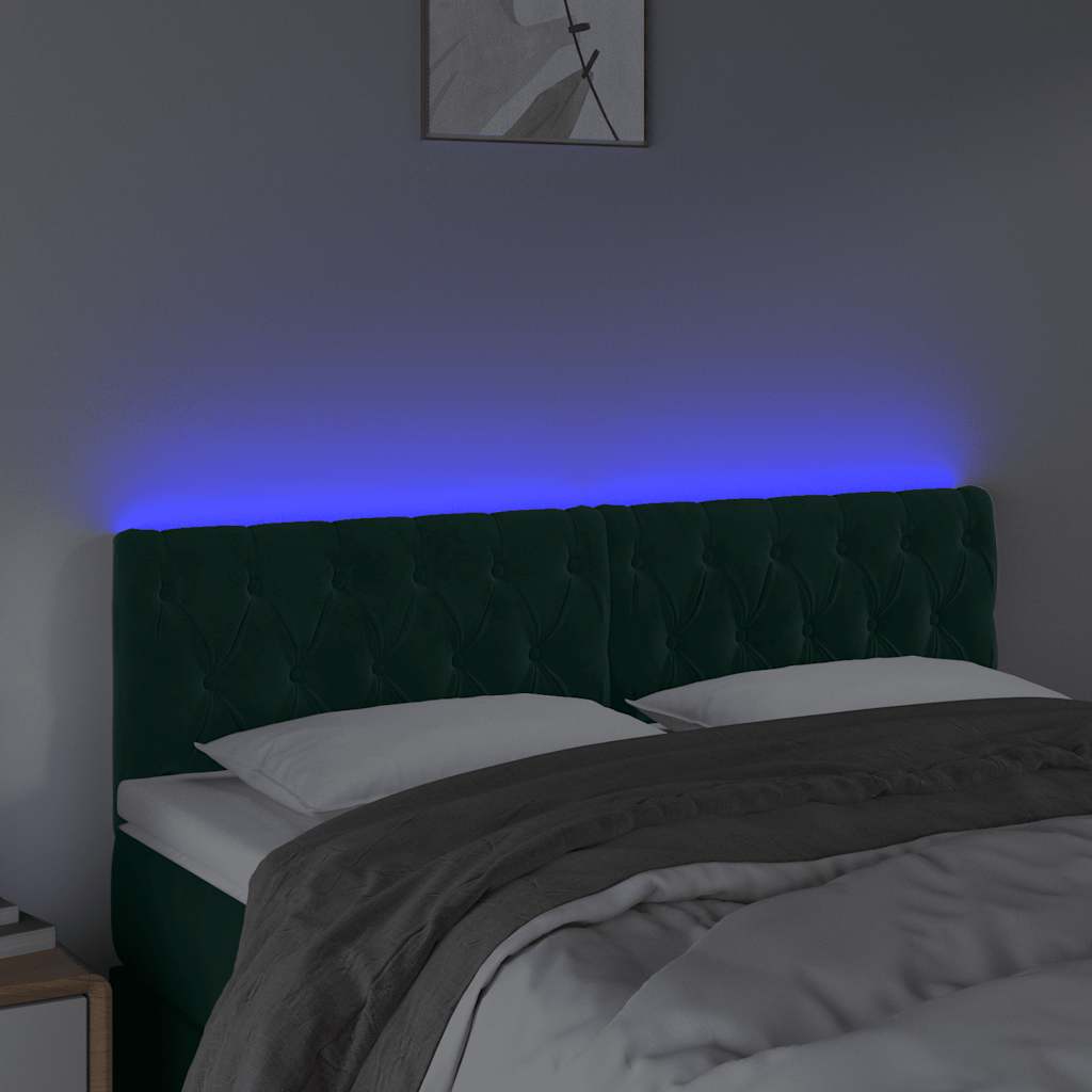 vidaXL Zagłówek do łóżka z LED, ciemnozielony, 160x7x78/88 cm, aksamit
