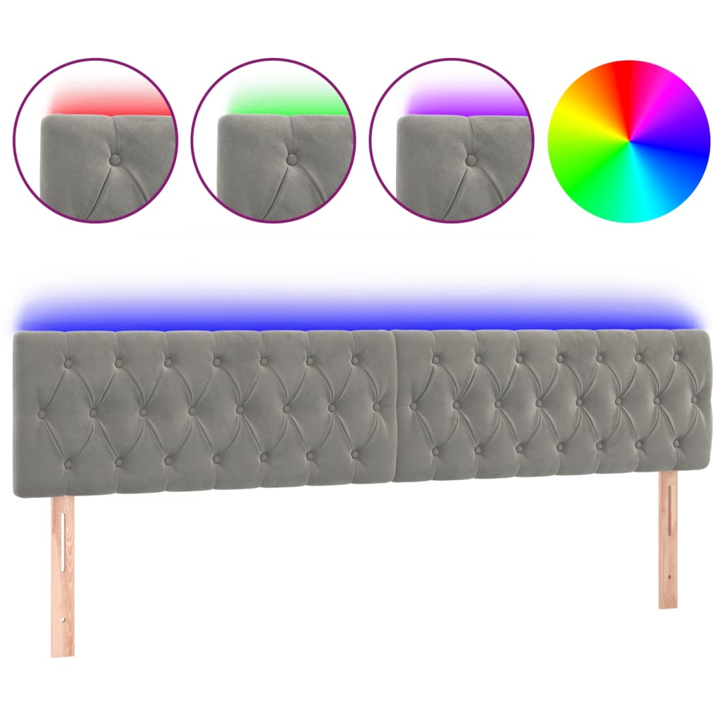 vidaXL Zagłówek do łóżka z LED, jasnoszary, 180x7x78/88 cm, aksamit