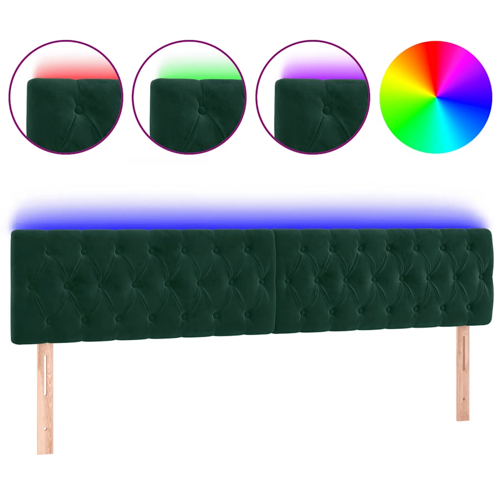 vidaXL Zagłówek do łóżka z LED, ciemnozielony, 180x7x78/88 cm, aksamit