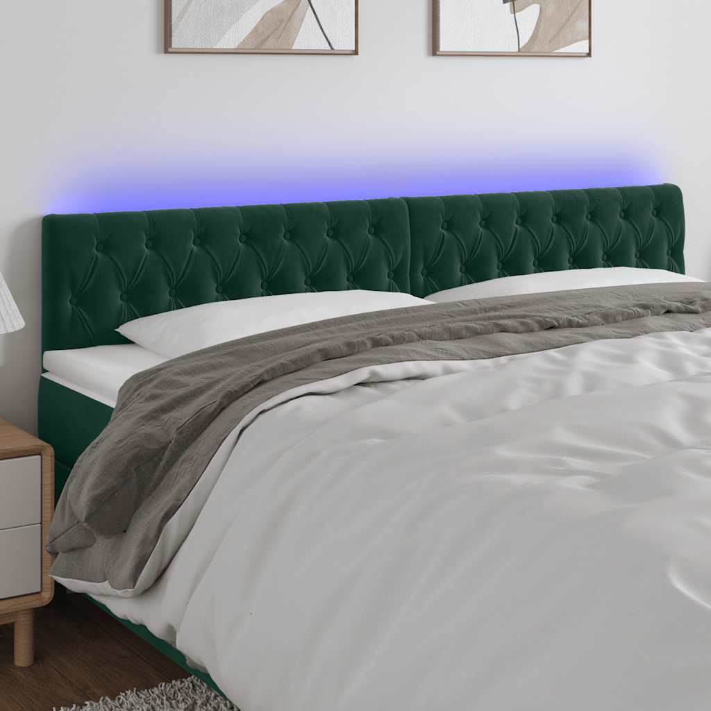 vidaXL Zagłówek do łóżka z LED, ciemnozielony, 180x7x78/88 cm, aksamit