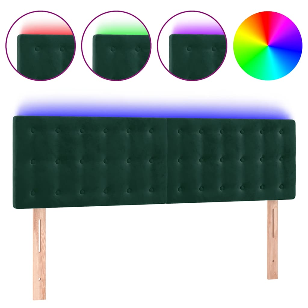 vidaXL Zagłówek do łóżka z LED, ciemnozielony, 144x5x78/88 cm, aksamit