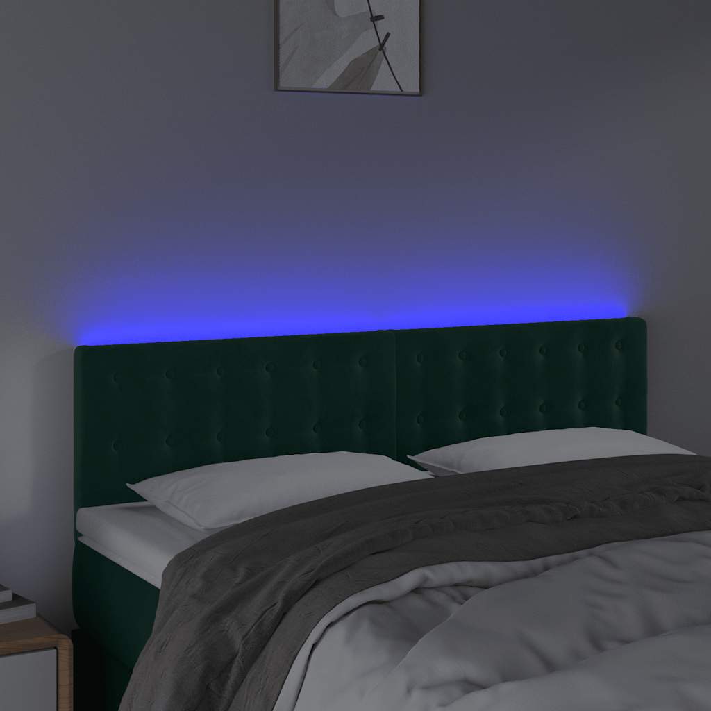 vidaXL Zagłówek do łóżka z LED, ciemnozielony, 144x5x78/88 cm, aksamit