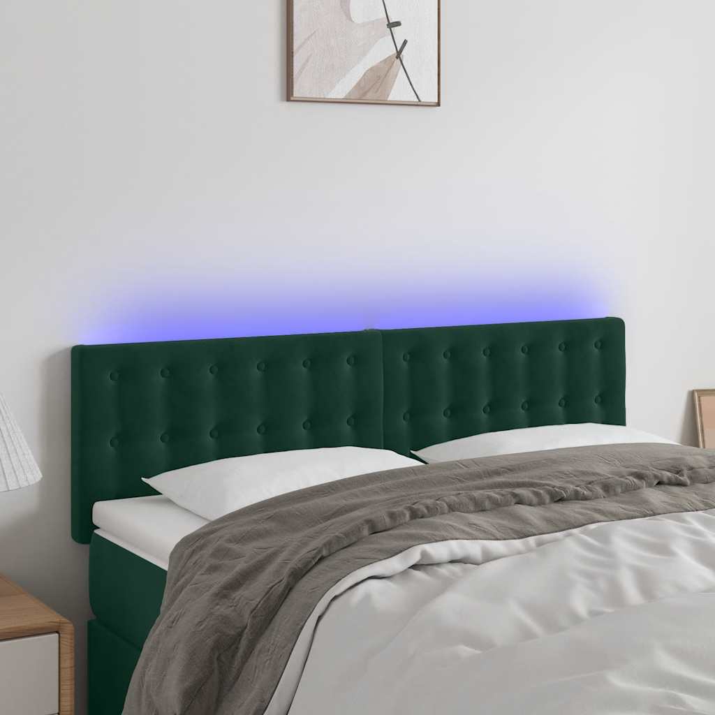 vidaXL Zagłówek do łóżka z LED, ciemnozielony, 144x5x78/88 cm, aksamit