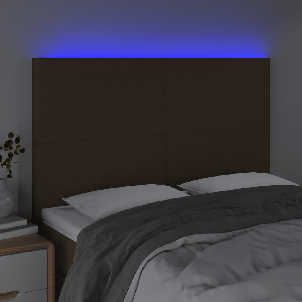 vidaXL Zagłówek do łóżka z LED ciemnobrązowy 144x5x118/128 cm tkanina