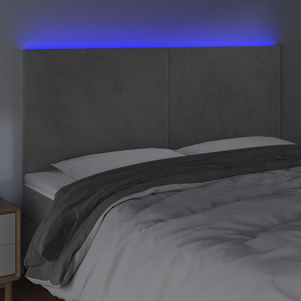 vidaXL Zagłówek do łóżka z LED, jasnoszary, 200x5x118/128 cm, aksamit