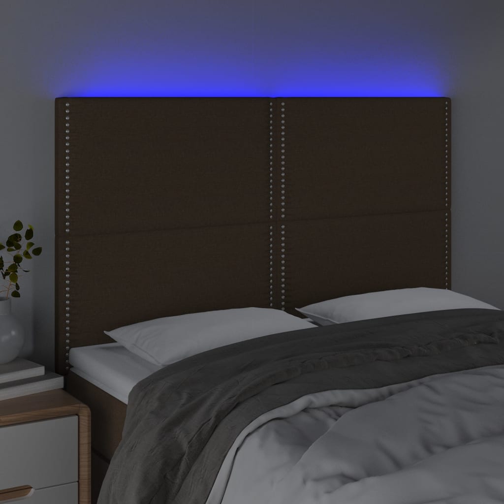 vidaXL Zagłówek do łóżka z LED ciemnobrązowy 144x5x118/128 cm tkanina