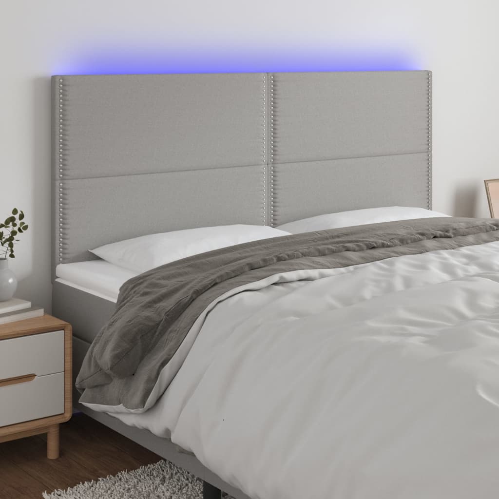 vidaXL Zagłówek do łóżka z LED, jasnoszary, 200x5x118/128 cm, tkanina