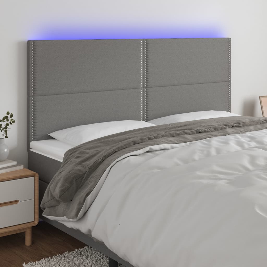 vidaXL Zagłówek do łóżka z LED, ciemnoszary, 200x5x118/128 cm, tkanina