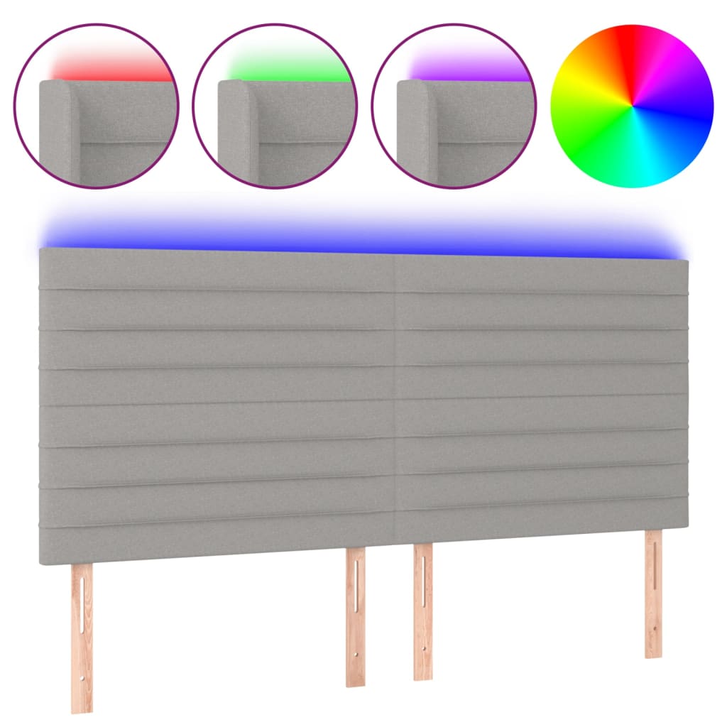 vidaXL Zagłówek do łóżka z LED, jasnoszary, 200x5x118/128 cm, tkanina