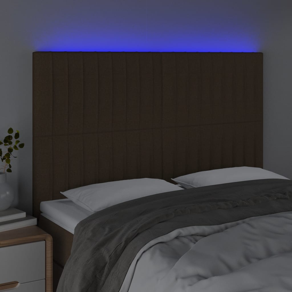 vidaXL Zagłówek do łóżka z LED ciemnobrązowy 144x5x118/128 cm tkanina