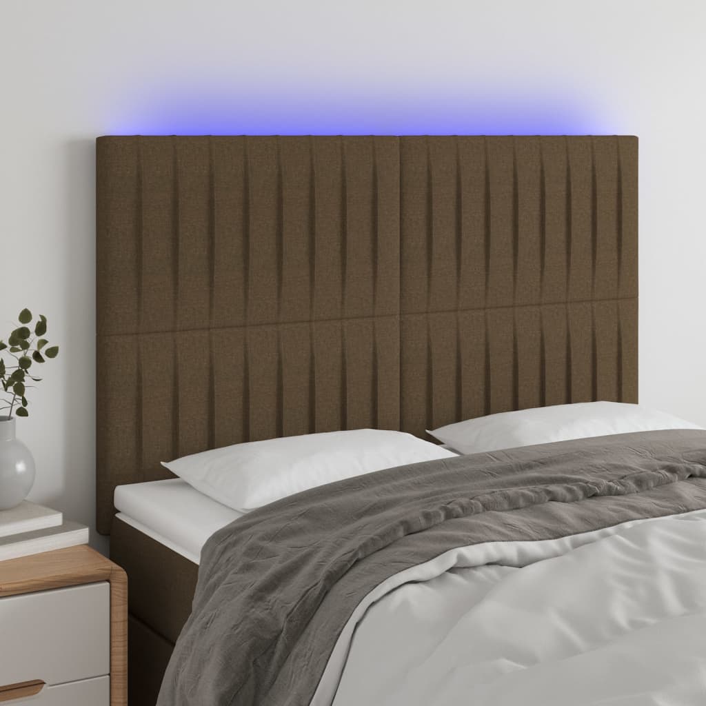 vidaXL Zagłówek do łóżka z LED ciemnobrązowy 144x5x118/128 cm tkanina