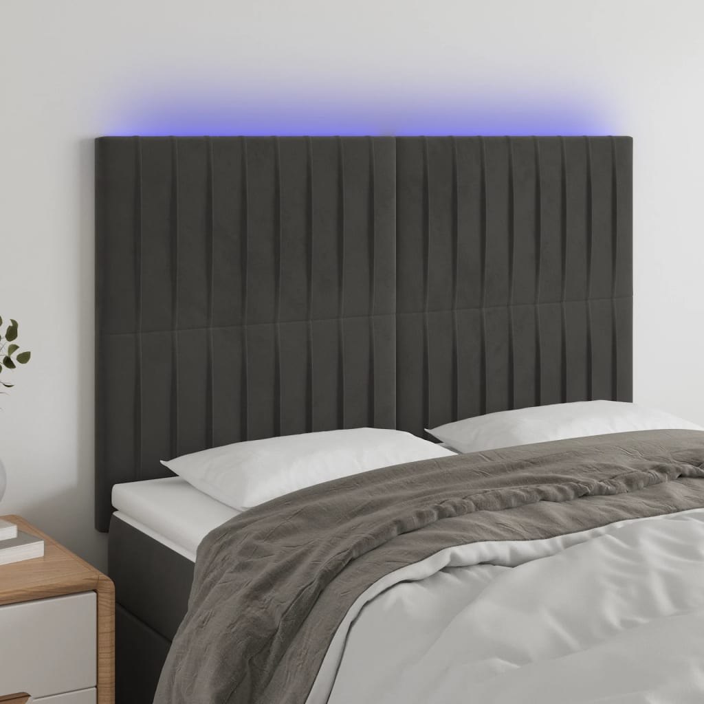 vidaXL Zagłówek do łóżka z LED, ciemnoszary, 144x5x118/128 cm, aksamit