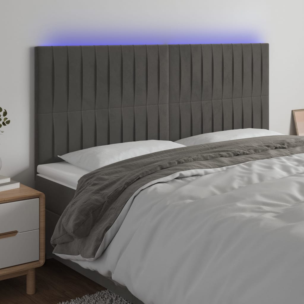 vidaXL Zagłówek do łóżka z LED, ciemnoszary, 200x5x118/128 cm, aksamit
