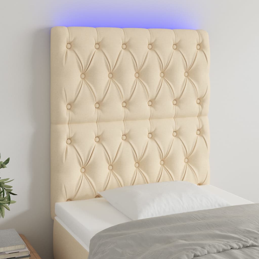 vidaXL Zagłówek do łóżka z LED, kremowy, 80x7x118/128 cm, tkanina