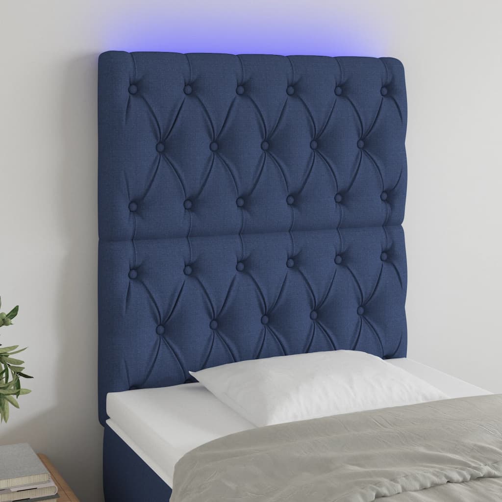 vidaXL Zagłówek do łóżka z LED, niebieski, 80x7x118/128 cm, tkanina