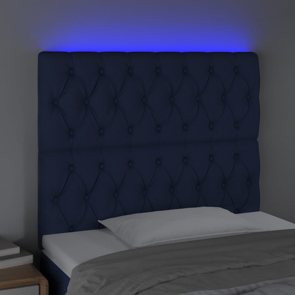 vidaXL Zagłówek do łóżka z LED, niebieski, 90x7x118/128 cm, tkanina