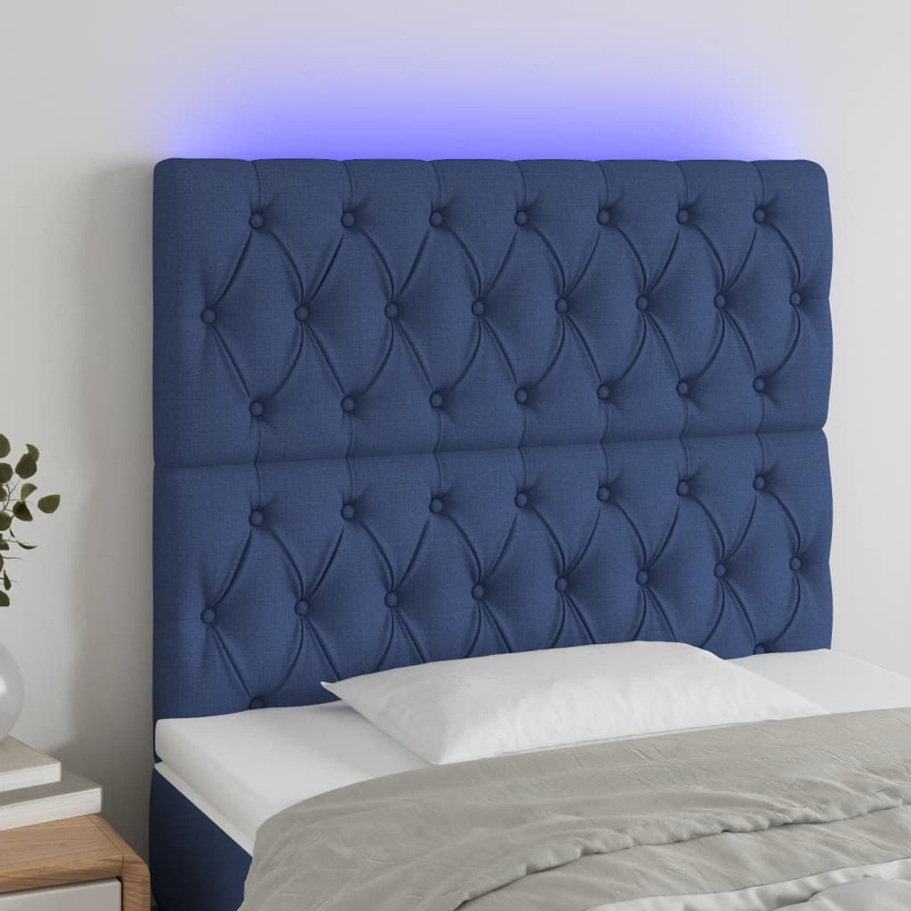 vidaXL Zagłówek do łóżka z LED, niebieski, 90x7x118/128 cm, tkanina