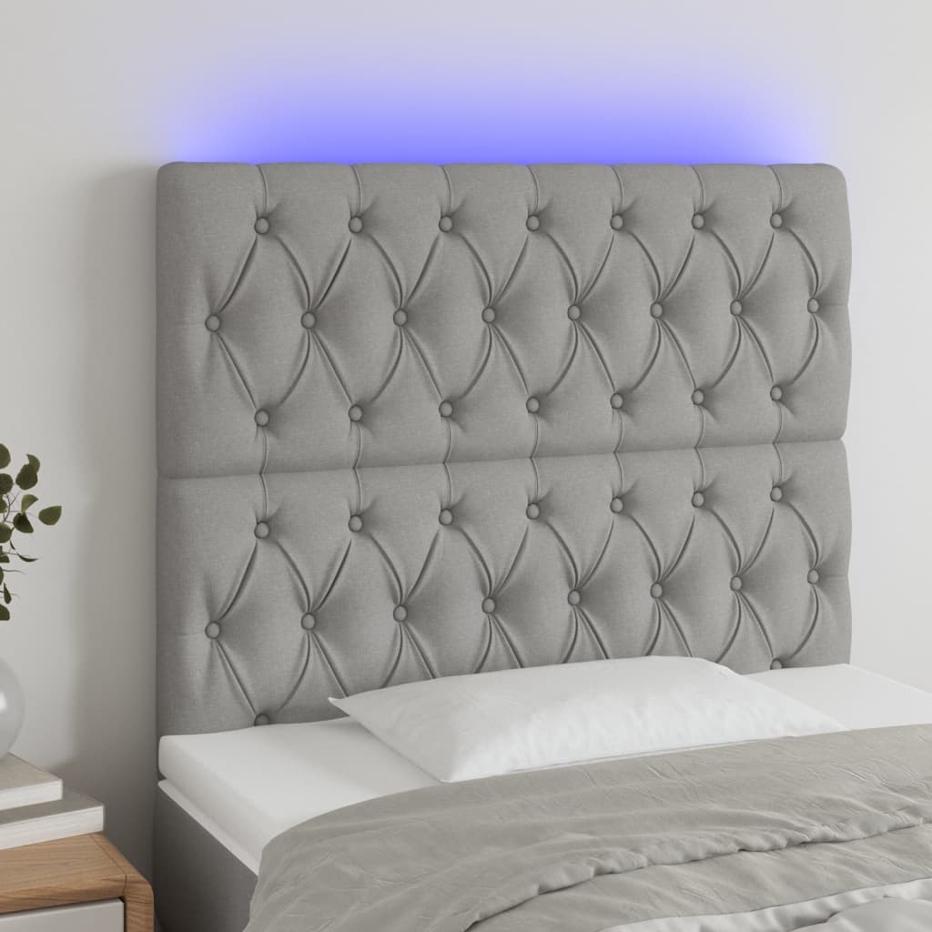 vidaXL Zagłówek do łóżka z LED, jasnoszary, 100x7x118/128 cm, tkanina