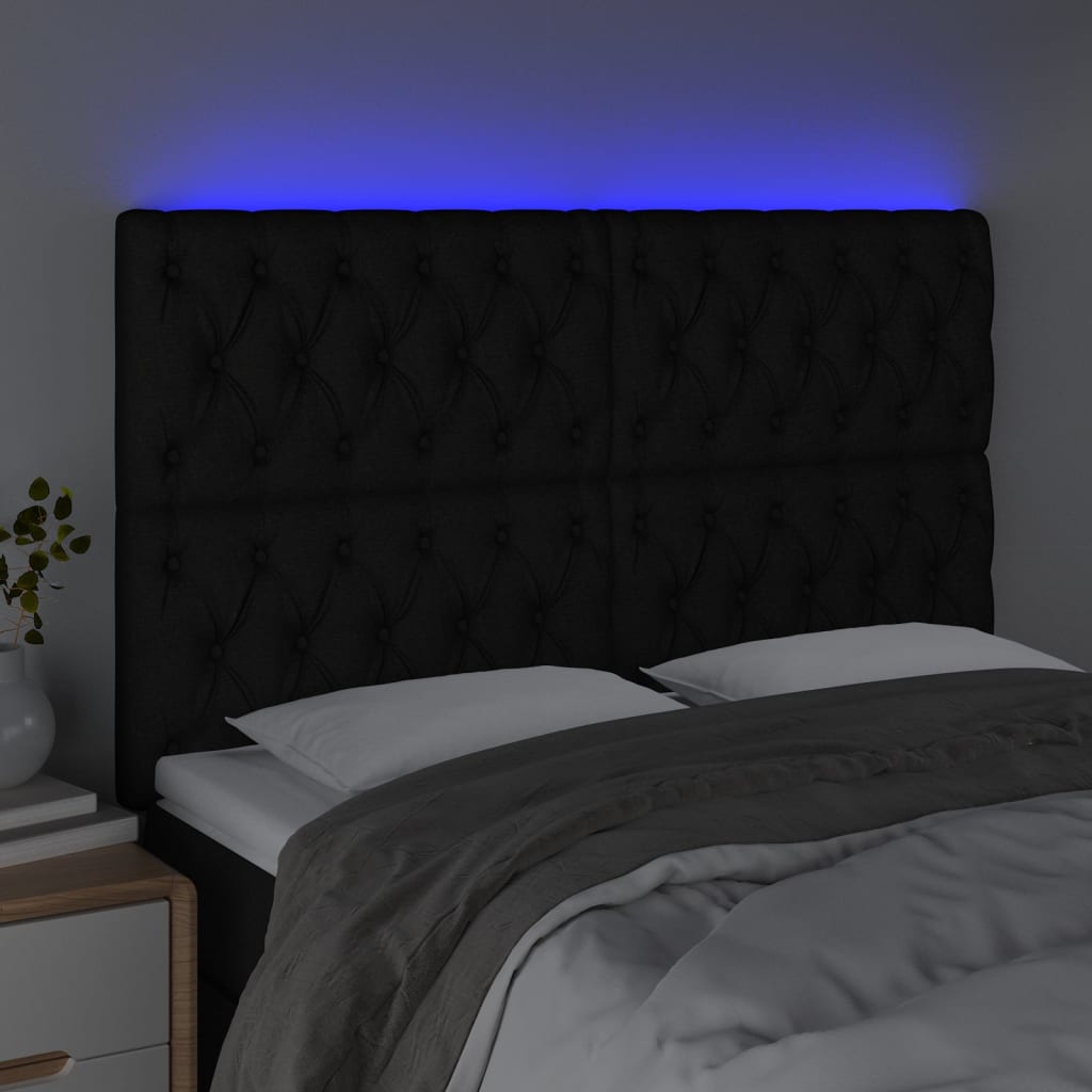 vidaXL Zagłówek do łóżka z LED, czarny, 144x7x118/128 cm, tkanina