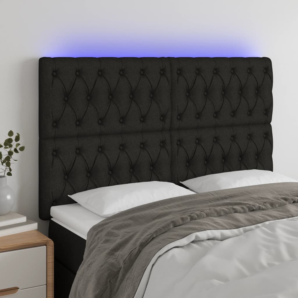 vidaXL Zagłówek do łóżka z LED, czarny, 144x7x118/128 cm, tkanina
