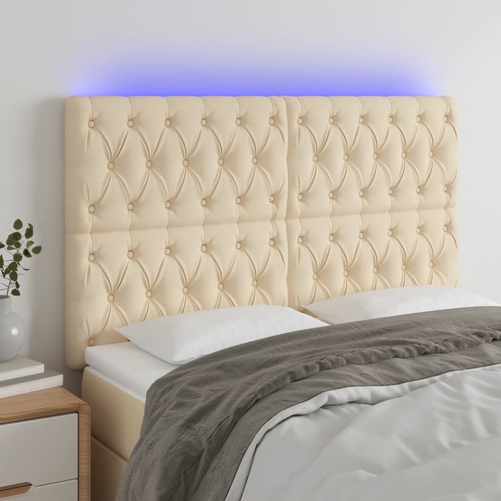 vidaXL Zagłówek do łóżka z LED, kremowy, 144x7x118/128 cm, tkanina