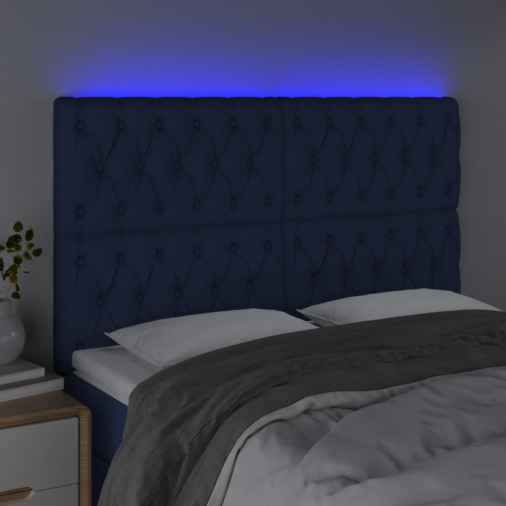 vidaXL Zagłówek do łóżka z LED, niebieski, 160x7x118/128 cm, tkanina