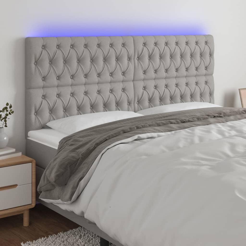 vidaXL Zagłówek do łóżka z LED, jasnoszary, 200x7x118/128 cm, tkanina