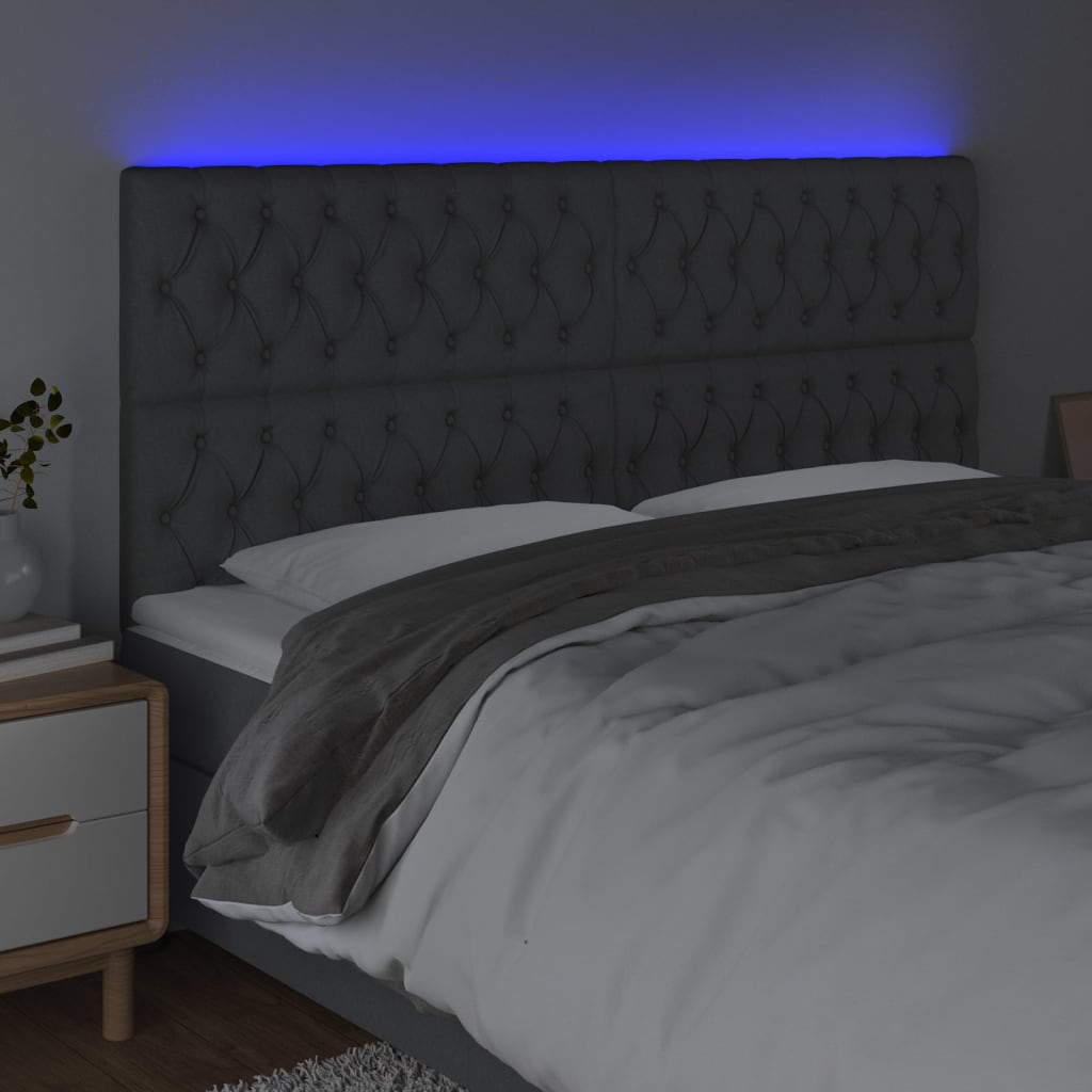 vidaXL Zagłówek do łóżka z LED, ciemnoszary, 200x7x118/128 cm, tkanina