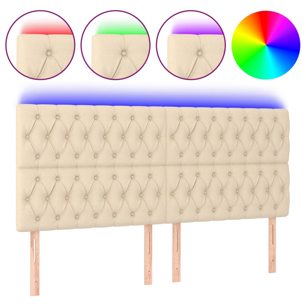 vidaXL Zagłówek do łóżka z LED, kremowy, 200x7x118/128 cm, tkanina