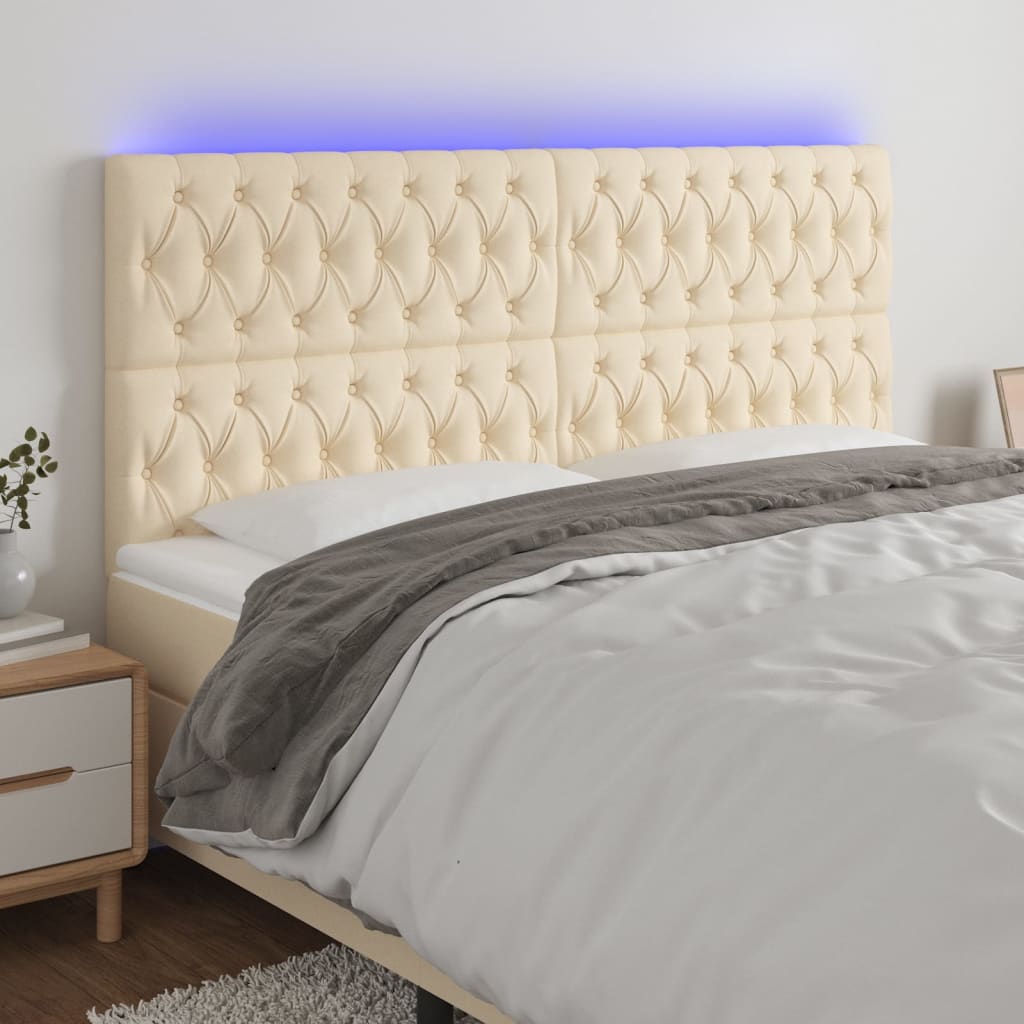 vidaXL Zagłówek do łóżka z LED, kremowy, 200x7x118/128 cm, tkanina