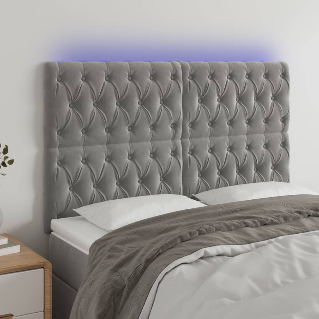 vidaXL Zagłówek do łóżka z LED, jasnoszary, 144x7x118/128 cm, aksamit