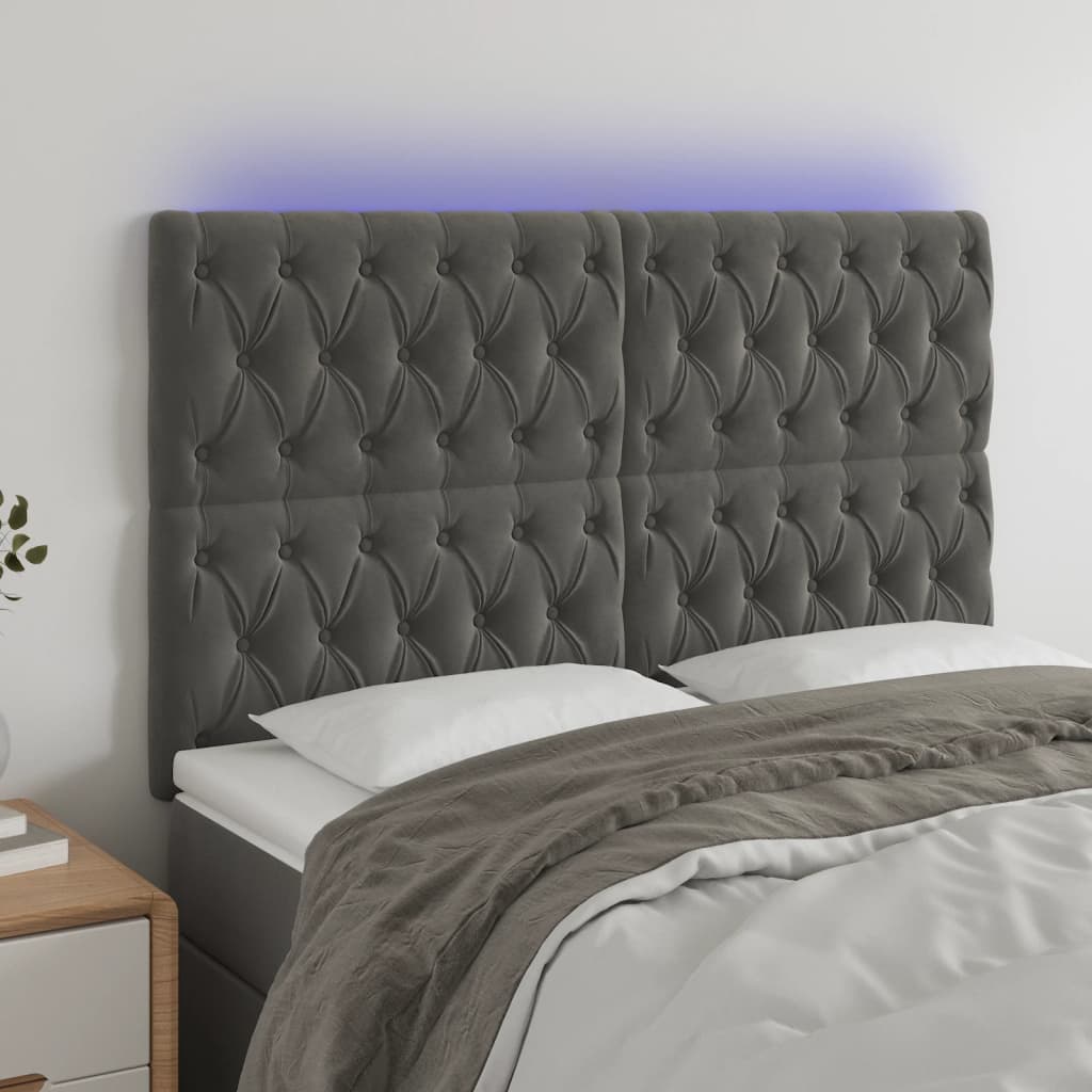 vidaXL Zagłówek do łóżka z LED, ciemnoszary, 144x7x118/128 cm, aksamit