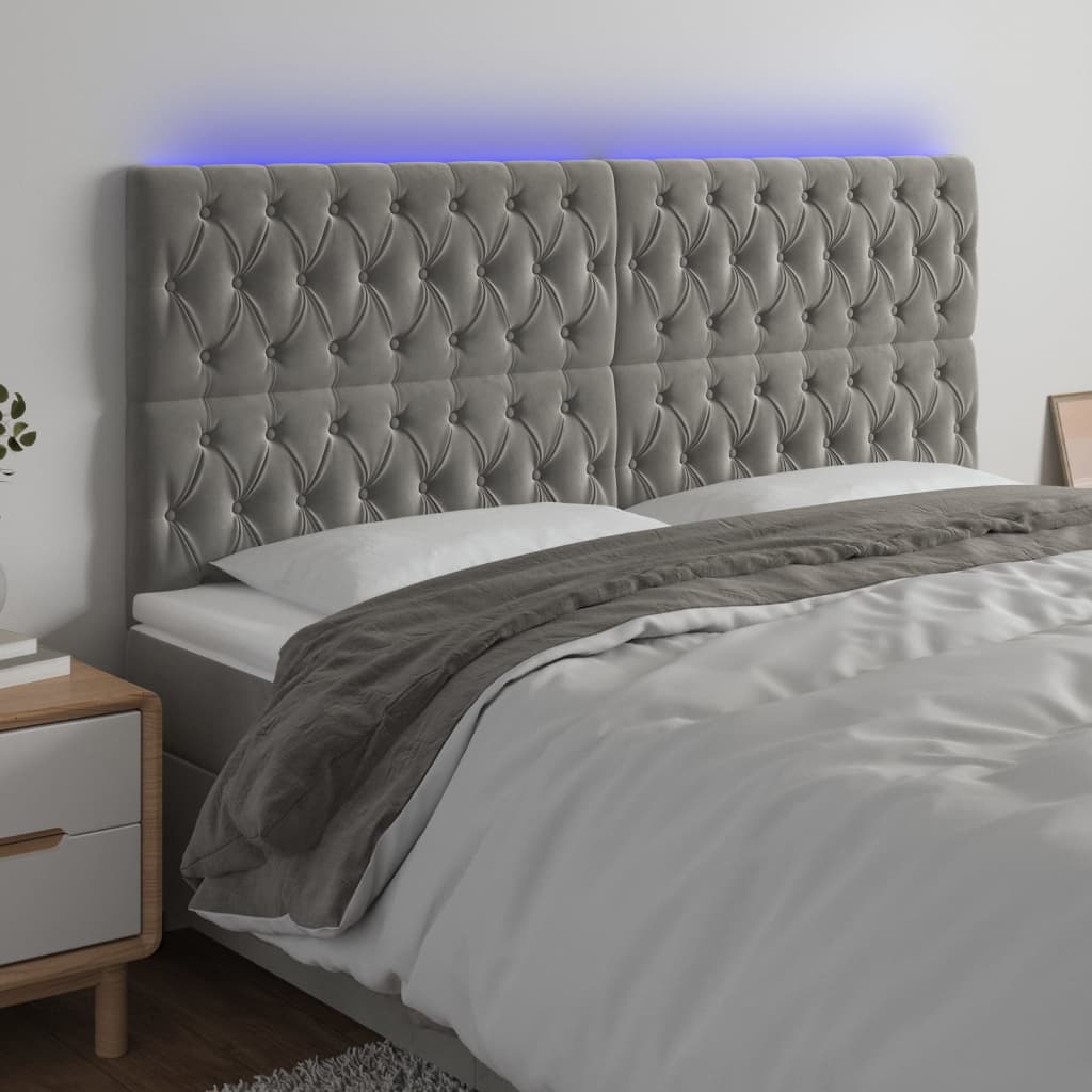 vidaXL Zagłówek do łóżka z LED, jasnoszary, 200x7x118/128 cm, aksamit