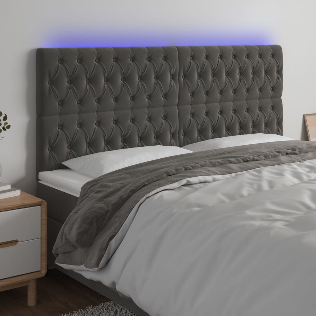 vidaXL Zagłówek do łóżka z LED, ciemnoszary, 200x7x118/128 cm, aksamit