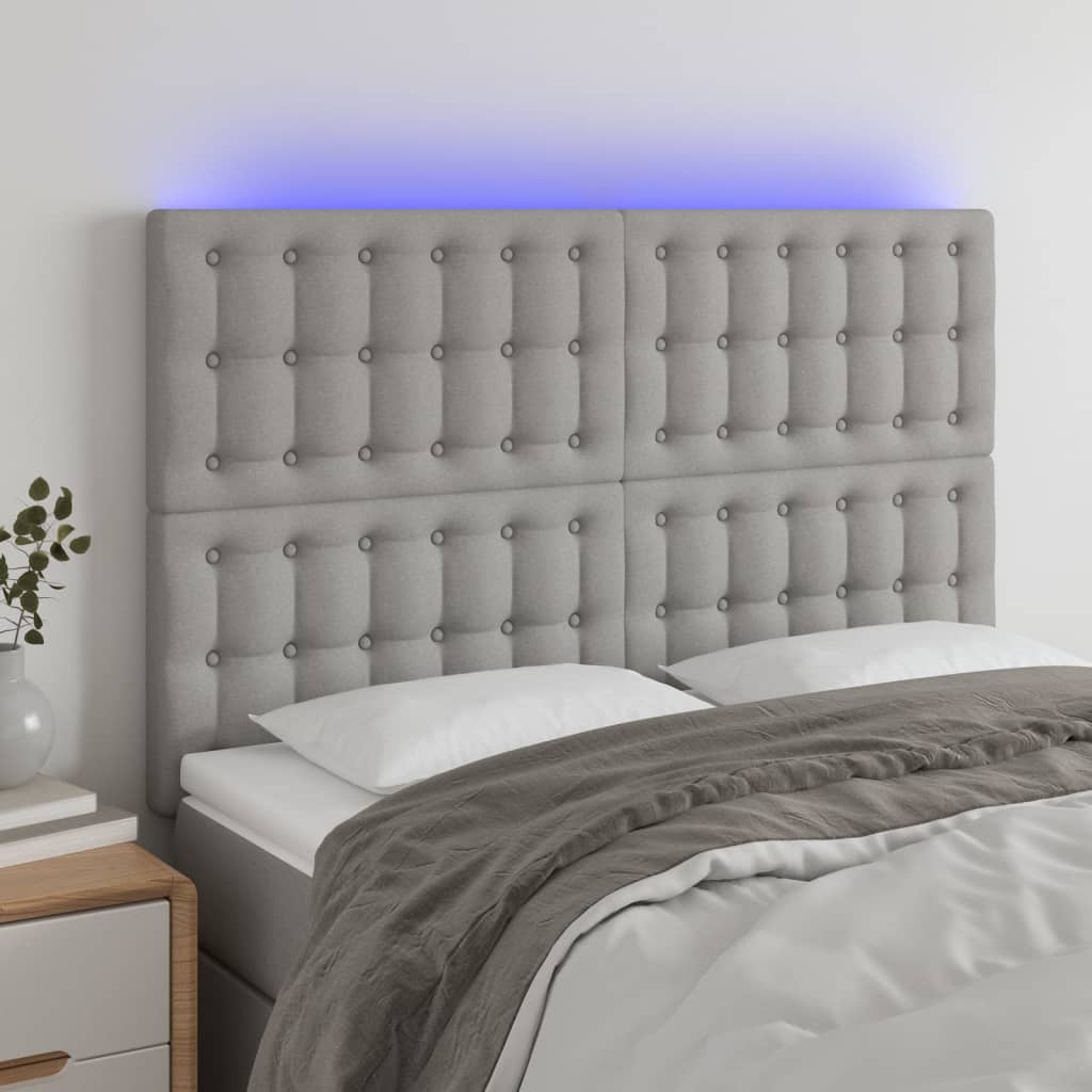 vidaXL Zagłówek do łóżka z LED, jasnoszary, 144x5x118/128 cm, tkanina