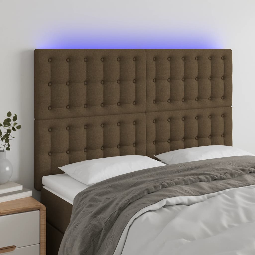 vidaXL Zagłówek do łóżka z LED ciemnobrązowy 144x5x118/128 cm tkanina