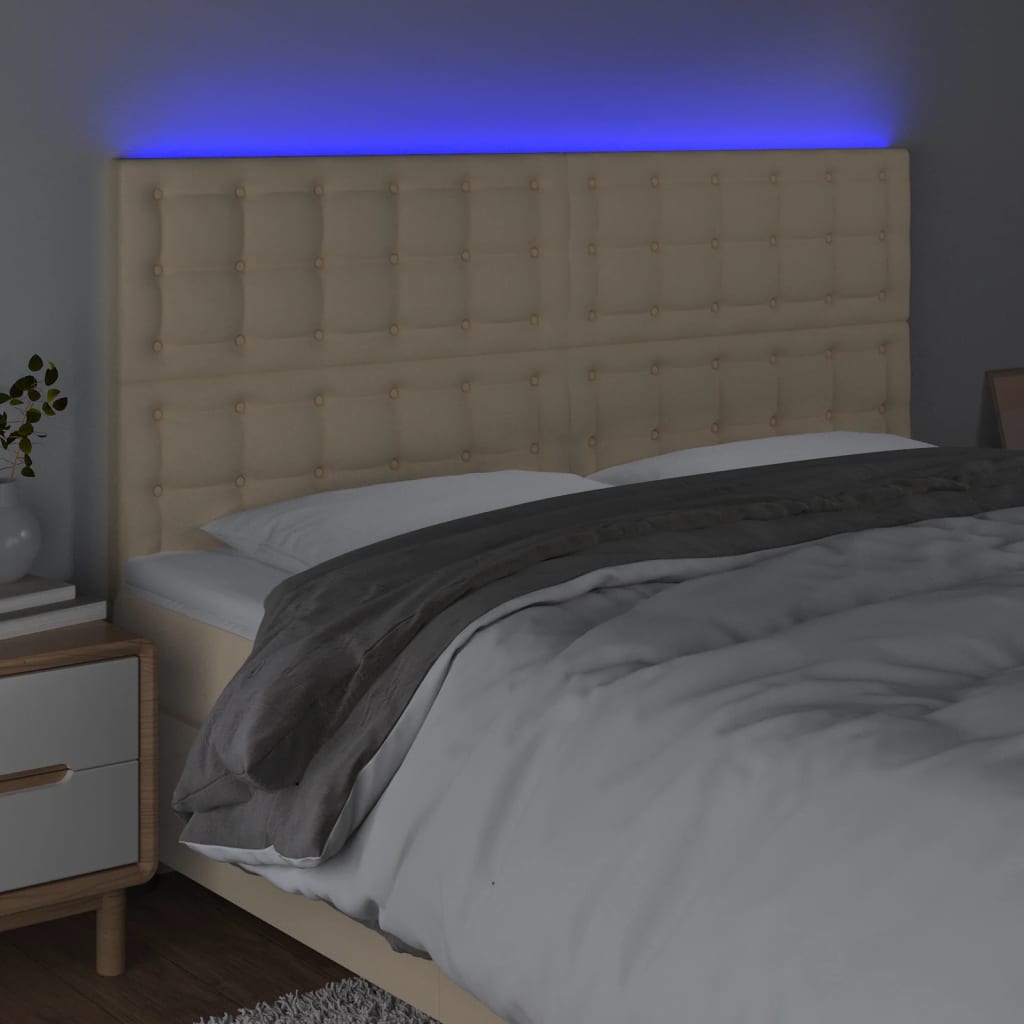 vidaXL Zagłówek do łóżka z LED, kremowy, 200x5x118/128 cm, tkanina
