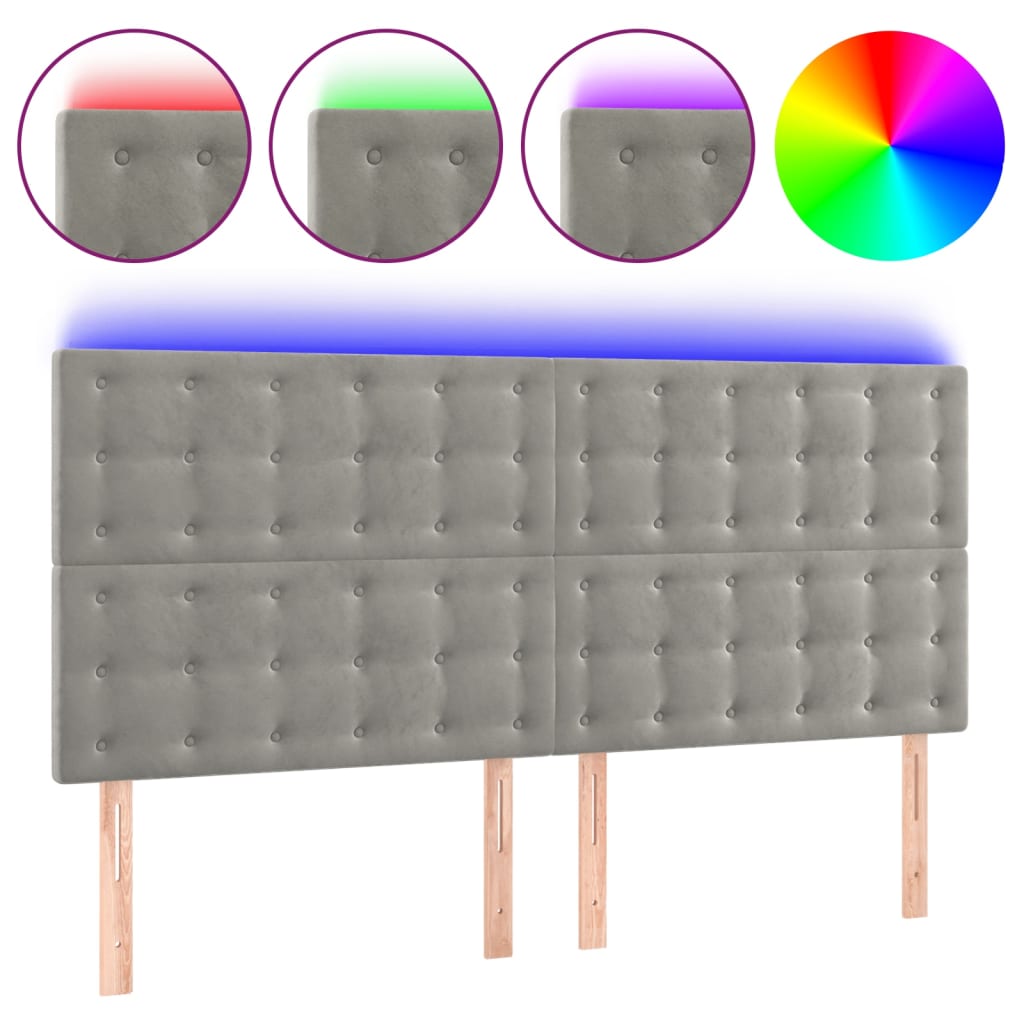 vidaXL Zagłówek do łóżka z LED, jasnoszary, 200x5x118/128 cm, aksamit