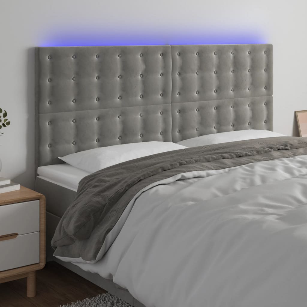 vidaXL Zagłówek do łóżka z LED, jasnoszary, 200x5x118/128 cm, aksamit