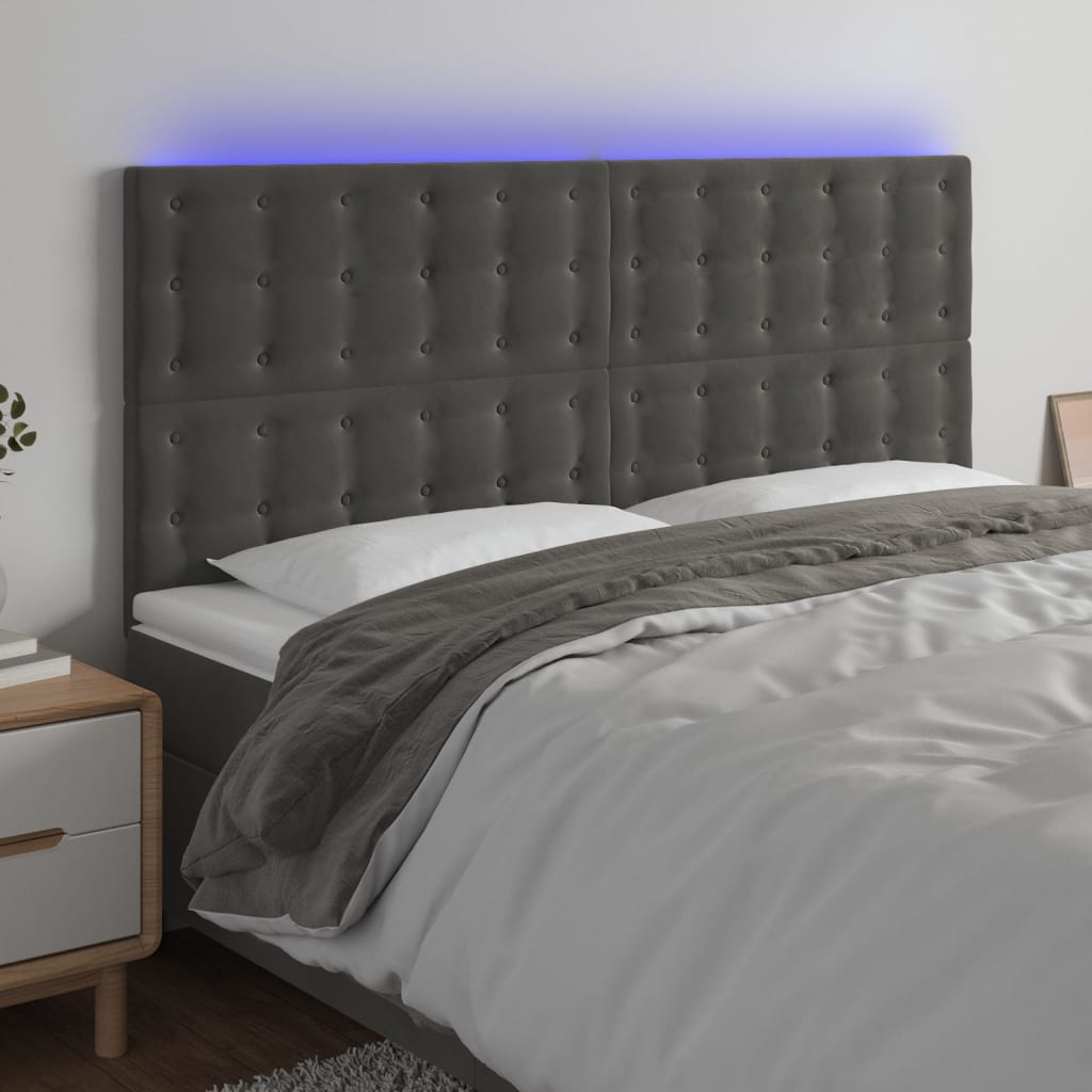 vidaXL Zagłówek do łóżka z LED, ciemnoszary, 200x5x118/128 cm, aksamit