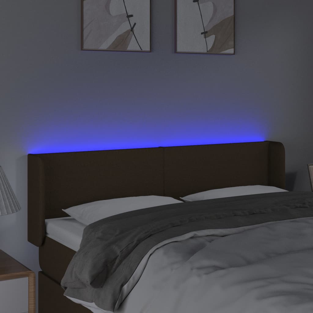 vidaXL Zagłówek do łóżka z LED, ciemnobrązowy, 147x16x78/88cm, tkanina
